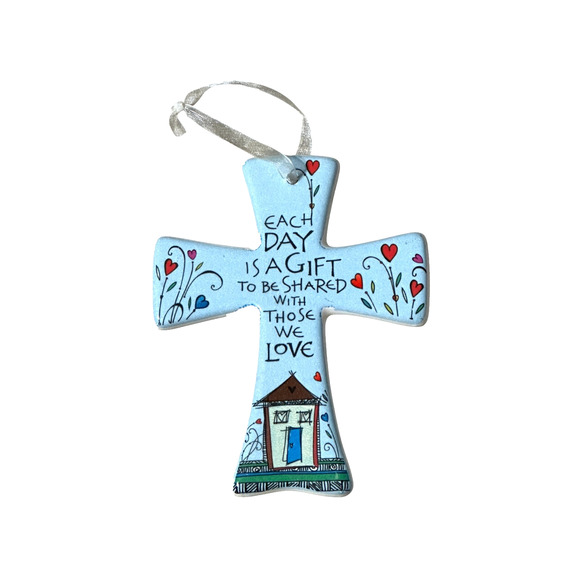 Ceramic Cross Ornament With Quote, Ribbon Christian Gift Home Decor Wall Hanging - Picture 4 of 5